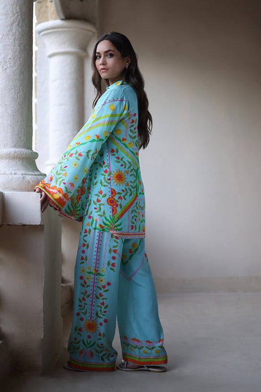 Aqua Blossom – Printed Button-Down Co-Ord Set