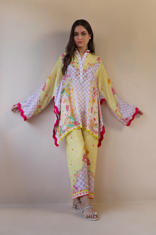 Lemon Pastel – Printed Flow Kurta with Straight Pants Co-Ord Set