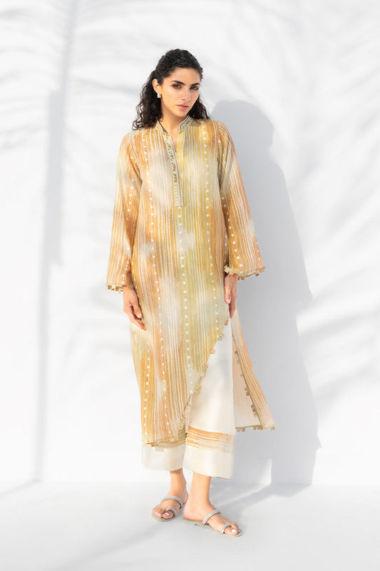Golden Aura – Mustard Ombre Striped Kurta Pant Set with Sheer Overlay