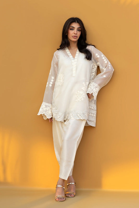 Ivory Grace – Sheer Embroidered Kurta with Straight Pants Co-Ord Set