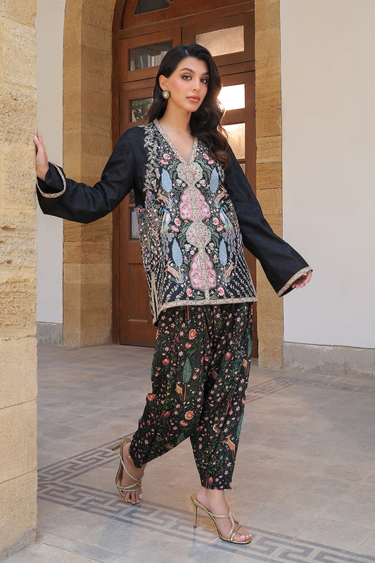 Midnight Garden – Embroidered Black Kurta with Floral Printed Pants Co-Ord Set