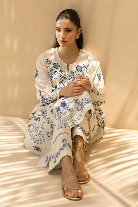 Ivory Azure – Embroidered Long Kurta & Flared Pants Set for Women