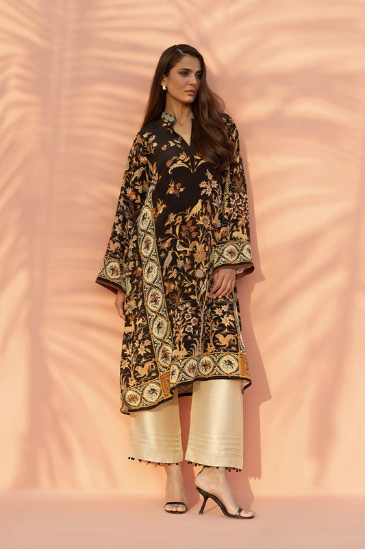 Noir Garden – Printed Flared Kurta with Ivory Pants Set