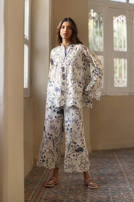 Ivory Bloom – Floral Cutwork Shirt & Straight Pants Co-Ord Set