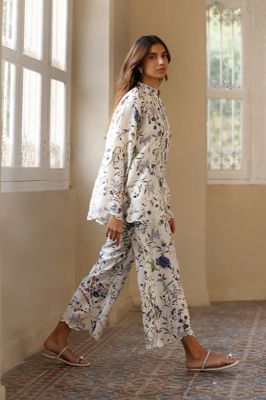 Ivory Bloom – Floral Cutwork Shirt & Straight Pants Co-Ord Set