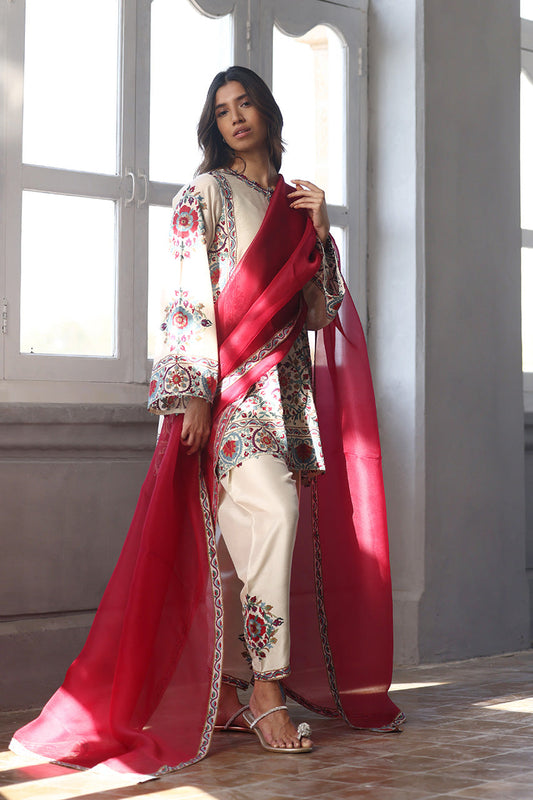Ivory Royale – Embroidered Kurta Pant Set with Red Dupatta for Women