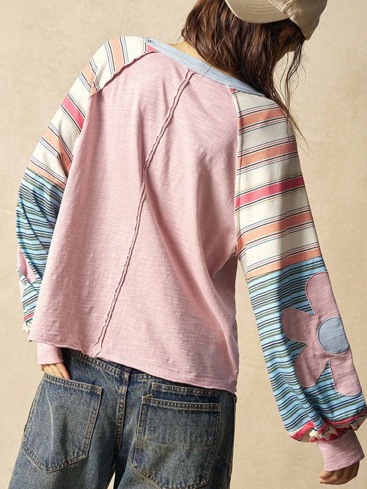 Women's Boho Color Block Floral Sleeve Sweatshirt – Pink