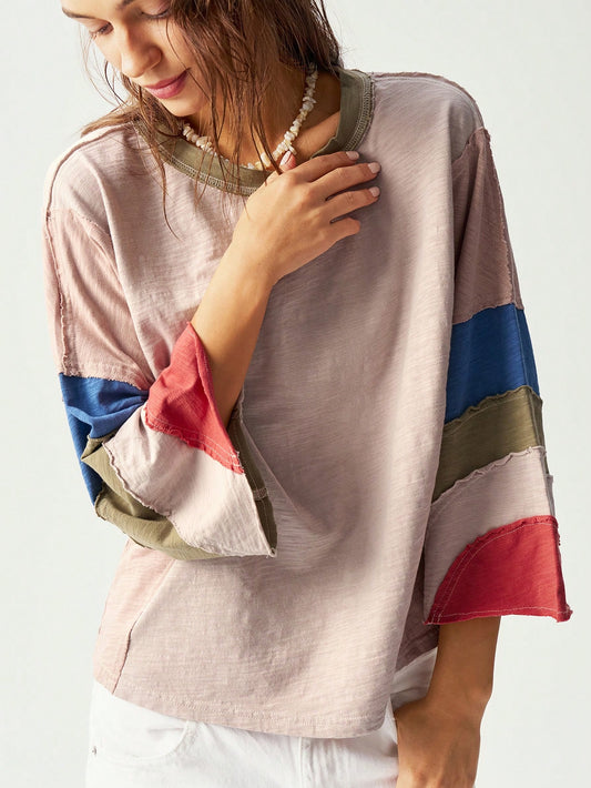 Blush Pink Patchwork Washed Oversized T-Shirt