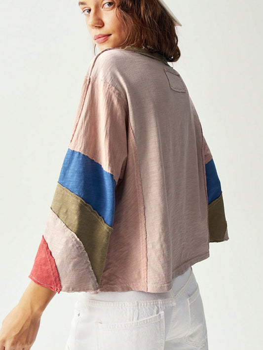 Blush Pink Patchwork Washed Oversized T-Shirt