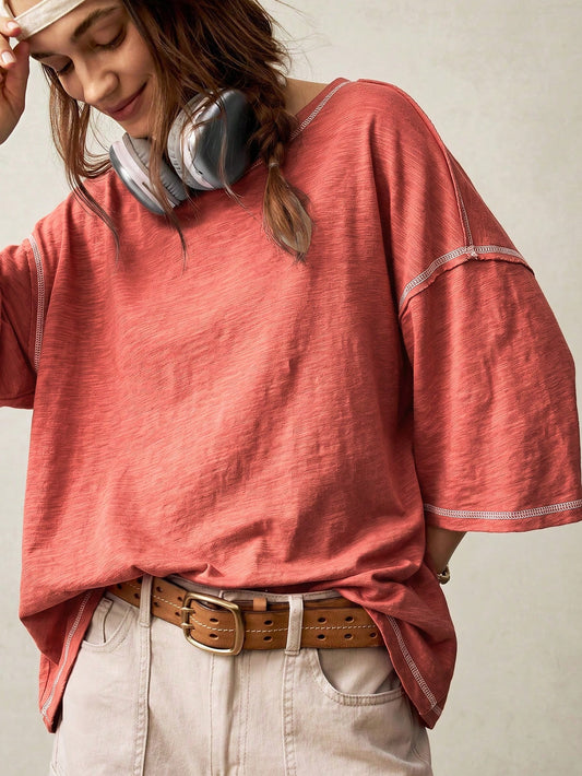 Coral Washed Oversized 3/4 Sleeve T-Shirt