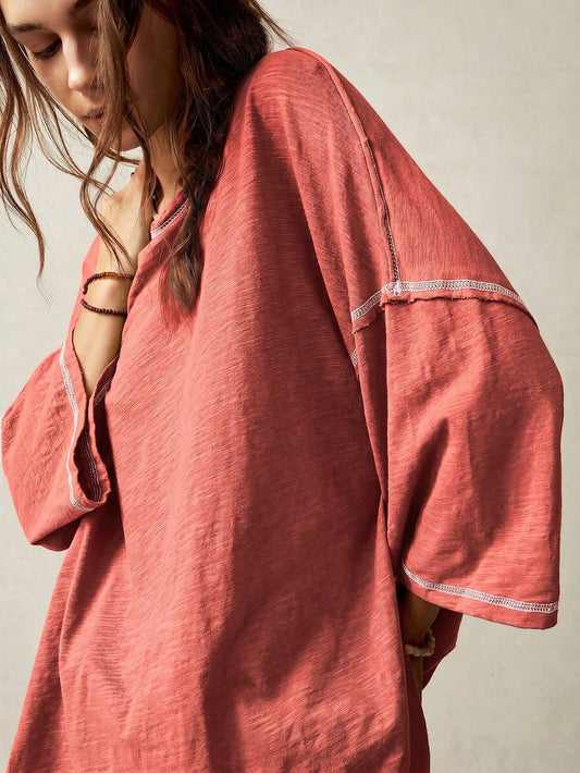 Coral Washed Oversized 3/4 Sleeve T-Shirt