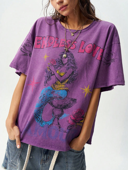 Women's Vintage Graphic Oversized T-Shirt – Casual Loose Fit Cotton Blend Tee