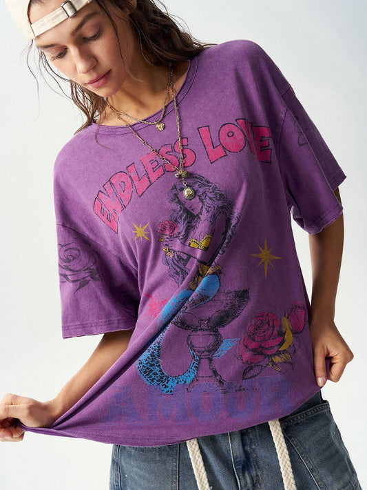 Women's Vintage Graphic Oversized T-Shirt – Casual Loose Fit Cotton Blend Tee