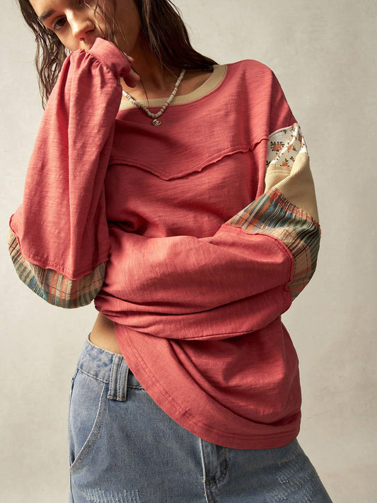 Women's Boho Patchwork Long Sleeve Knit Top – Rose Pink