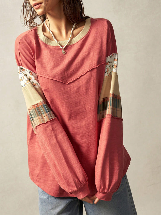Women's Boho Patchwork Long Sleeve Knit Top – Rose Pink