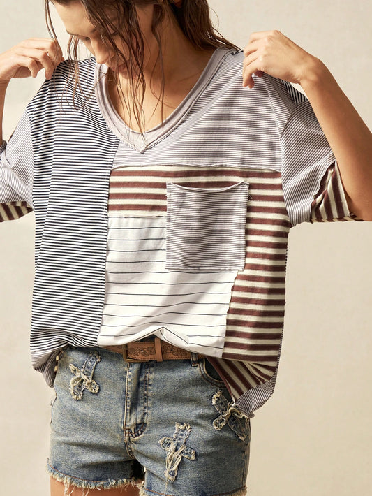 Women's Boho Striped Patchwork Knit T-Shirt – Loose Fit Casual Summer Top