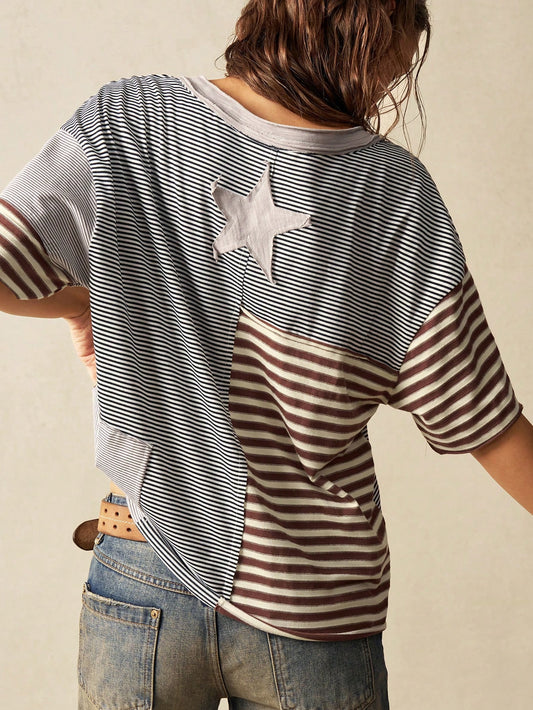 Women's Boho Striped Patchwork Knit T-Shirt – Loose Fit Casual Summer Top