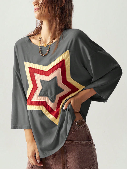 Women's Boho Star Patch Oversized T-Shirt – Casual Loose Fit Vintage Knit Top
