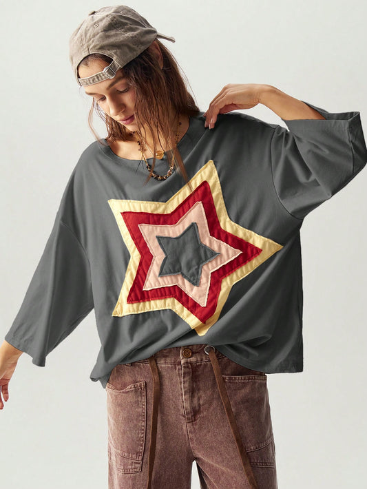 Women's Boho Star Patch Oversized T-Shirt – Casual Loose Fit Vintage Knit Top