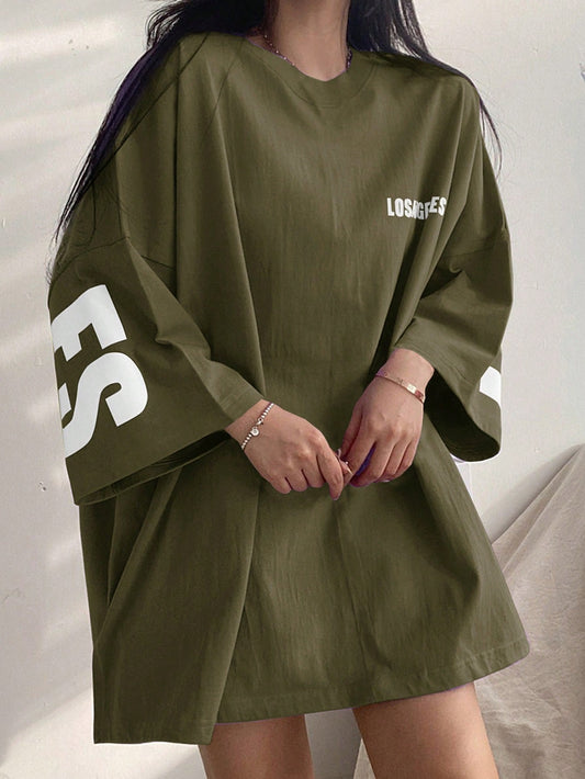 Olive Green Los Angeles Oversized Graphic T-Shirt