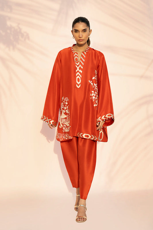 Zehra Rust – Embroidered Silk Touch Kurta with Tapered Pants Co-Ord Set