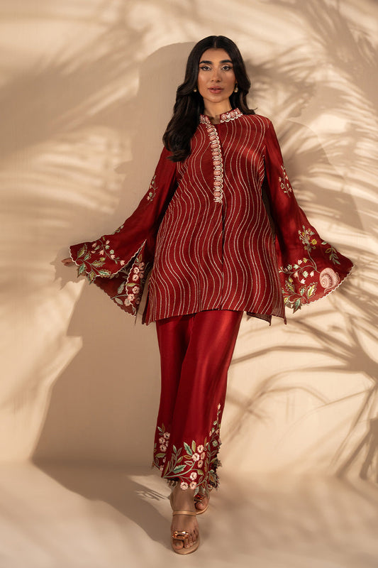 Royal Crimson – Embroidered Statement Kurta with Straight Pants Co-Ord Set