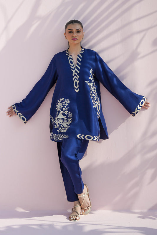 Noor Navy – Embroidered Silk Touch Kurta with Slim Pants Co-Ord Set