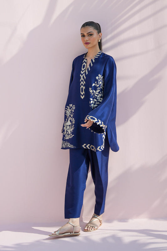 Noor Navy – Embroidered Silk Touch Kurta with Slim Pants Co-Ord Set