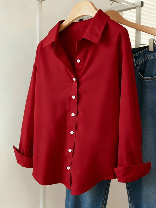 Wine Red Essential Long Sleeve Oversized Shirt