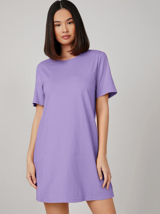 Women's Basic Solid Crew Neck Mini T-Shirt Dress – Lavender