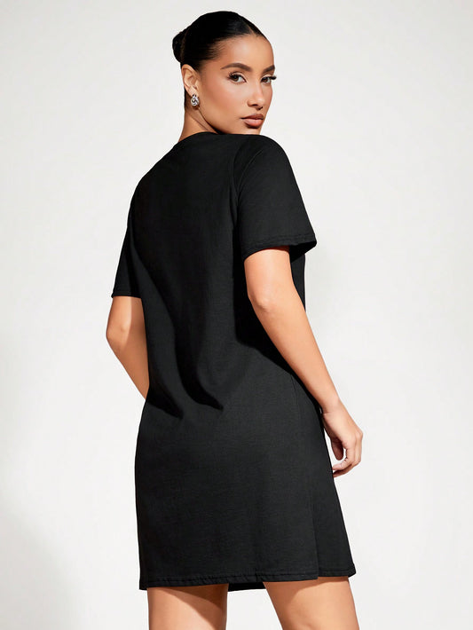 Women's Basic Solid Crew Neck Mini T-Shirt Dress – Black