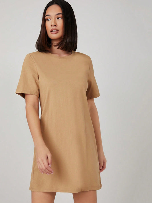 Women's Basic Solid Crew Neck T-Shirt Dress – Camel