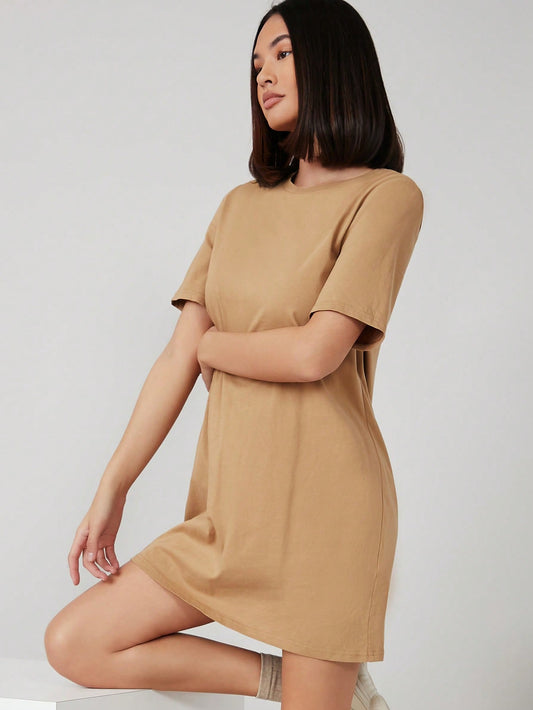 Women's Basic Solid Crew Neck T-Shirt Dress – Camel